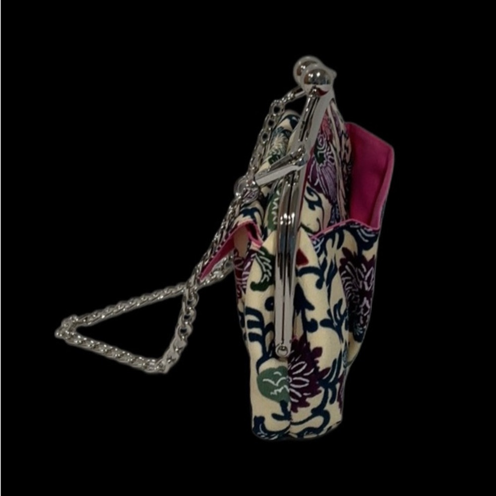 NEW Arabesque Floral Print Fabric Double Kiss Lock Handbag Bright Pink Lining - Picture 4 of 10